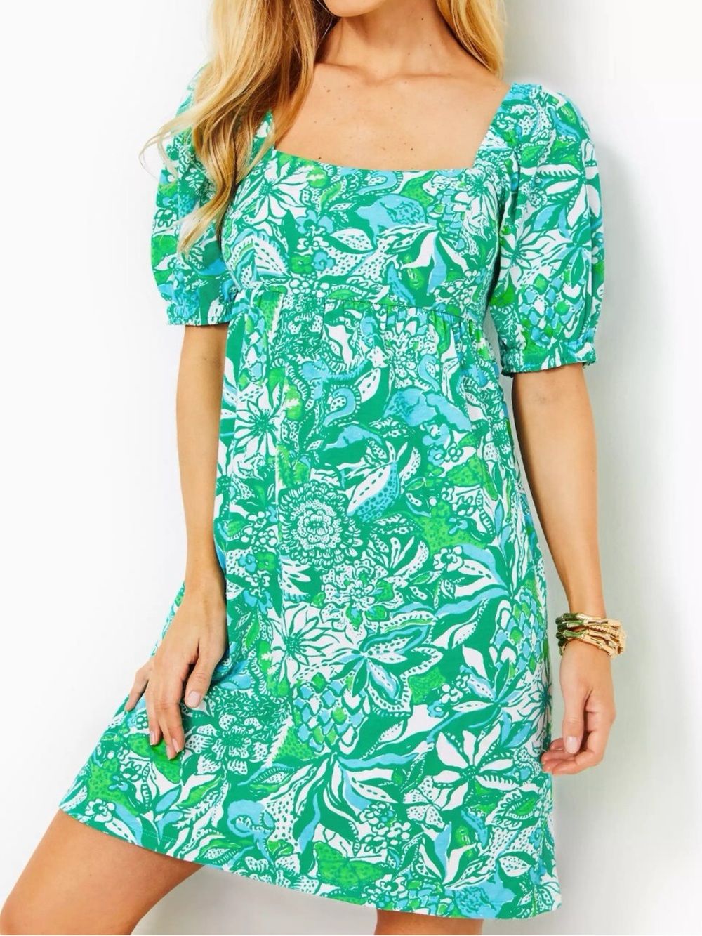 Lilly Pulitzer Green & White Floral Puff-Sleeve Mini Dress